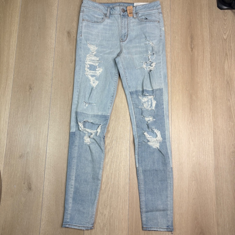 American Eagle Hi-Rise Jegging Super Stretch X Crystal Ice Distressed Jeans 10L